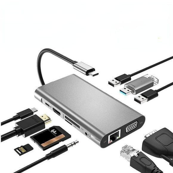 Concentrador USB tipo C a HDMI 4K, adaptador VGA, RJ45, LAN, Ethernet, SD, TF, USB-C 3.0, conector de 3,5 mm, audio y vídeo para MacBook Pro OTG
