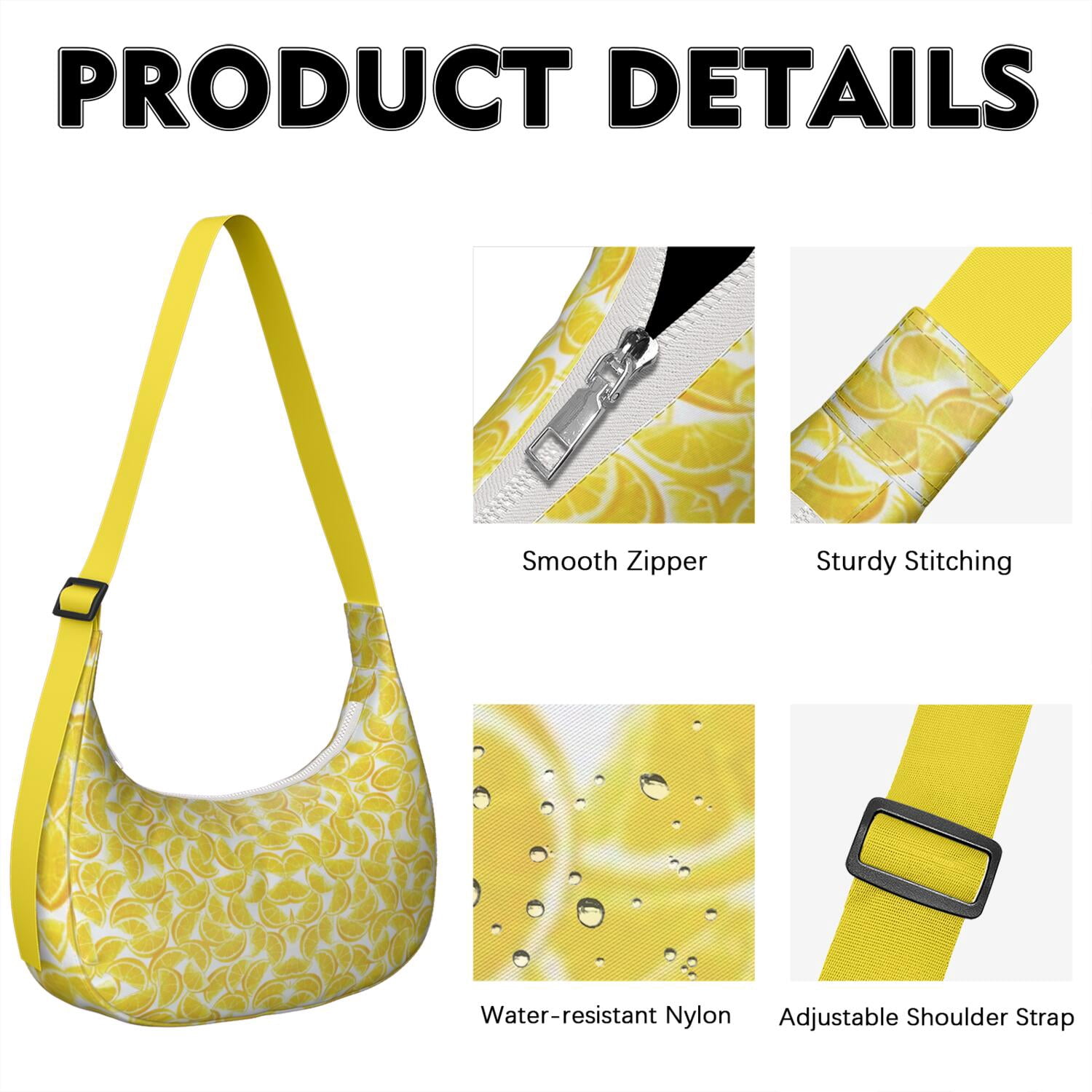 Summer Lemon Pattern Nylon Hobo Bag for Women, Bright Yellow Lightweight Shoulder Purse, Retro Crossbody Tote Handbag, Water-Resistant and Durable for Travel