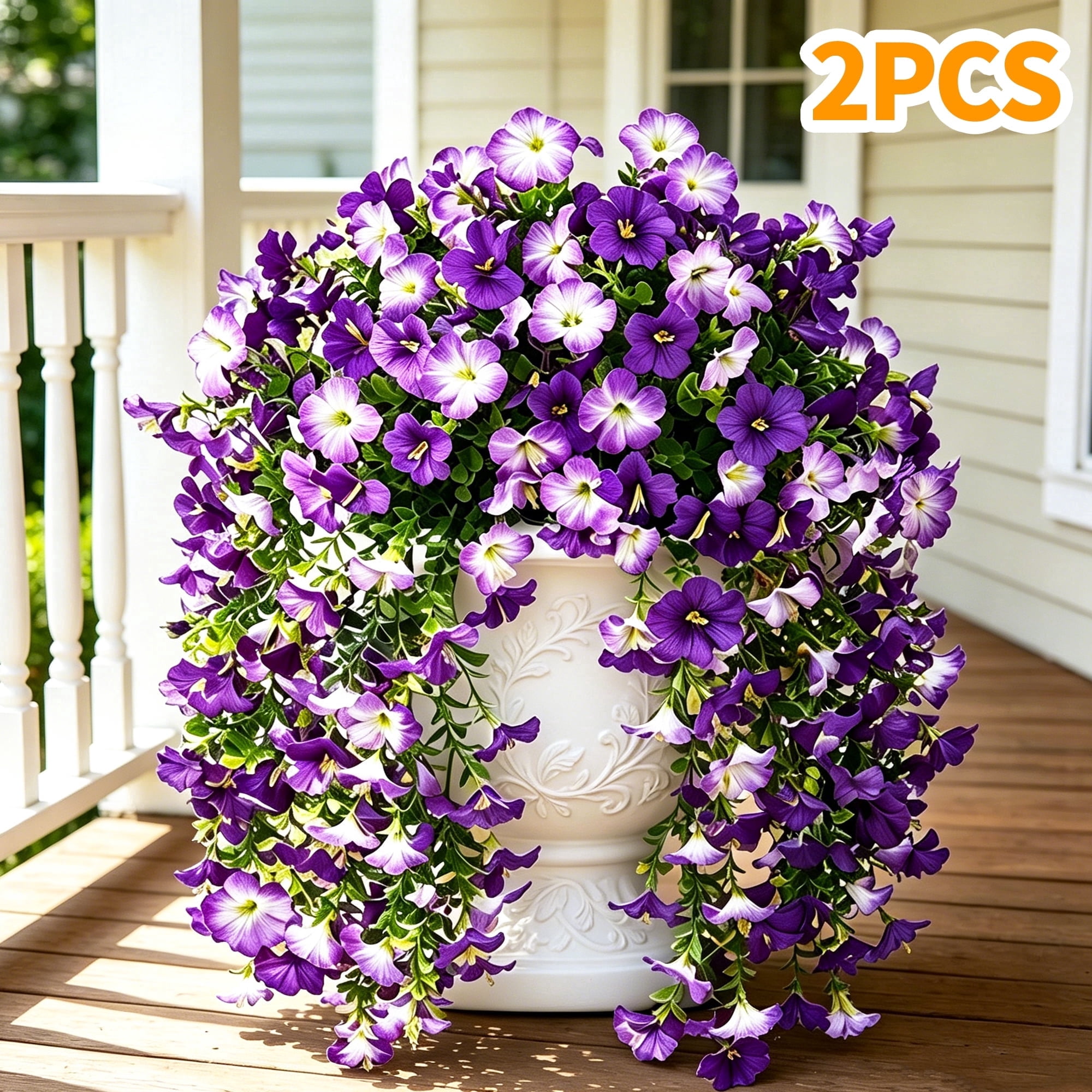 Hyindoor 2PCS Artificial Fake Hanging Flowers for Outdoors Decoration, 132 Bifurcations Faux Silk Morning Glory with Eucalyptus Leaves, UV Resistant No Fade Spring Summer Decorations
