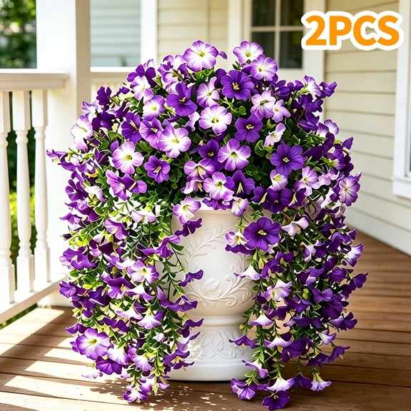 Hyindoor 2PCS Artificial Fake Hanging Flowers for Outdoors Decoration, 132 Bifurcations Faux Silk Morning Glory with Eucalyptus Leaves, UV Resistant No Fade Spring Summer Decorations