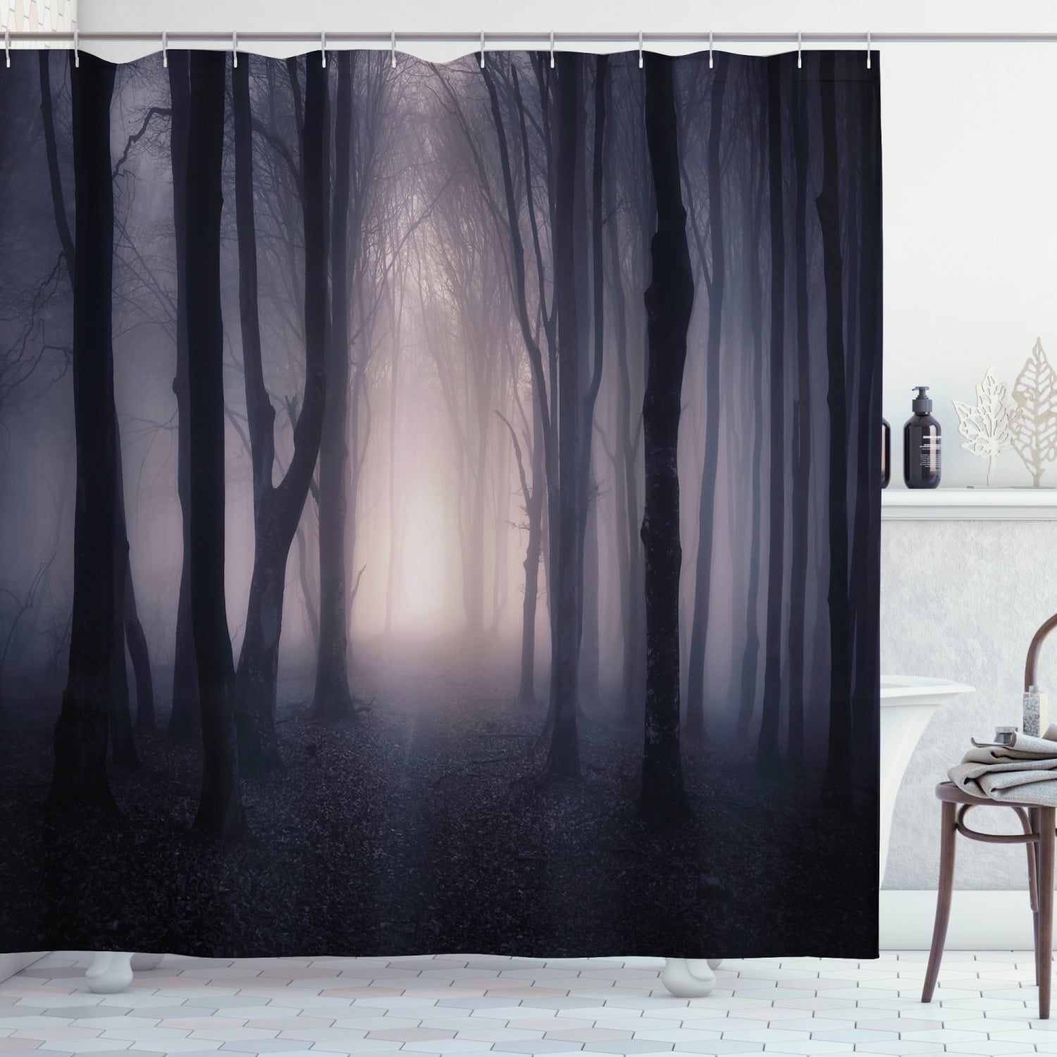 Black and Gray Gothic Forest Bathroom Waterproof Fabric Shower Curtain &12 Hooks 
