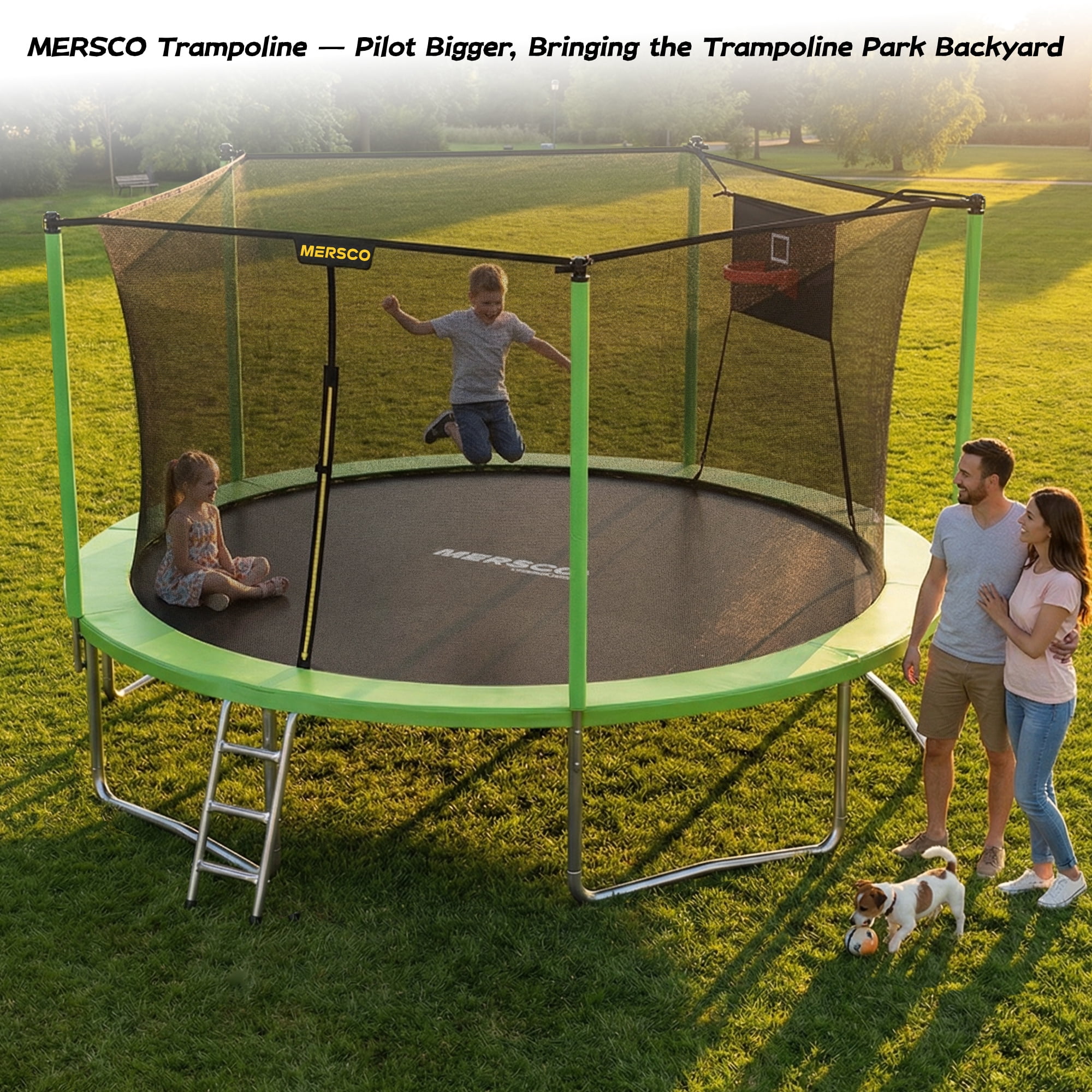 Mersco 14ft Trampoline for Kids and Adults, Outdoor Trampolines with Basketball Hoop and Enclosure Net, Heavy Duty Jumping Trampoline PLAY for Indoor Outdoor Boys and Girls Birthday Gift, Green