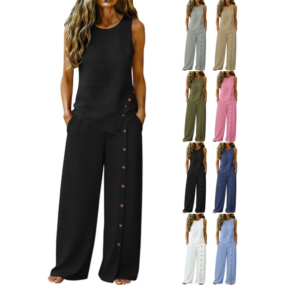 Women's Summer Linen Set Casual Sleeveless Round Neck Top Plus Wide Leg Pants Set Two Piece Set