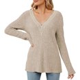 thumbnail image 1 of Gibobby Playera&nbsp;Moda 2023 Otoño/Invierno Nueva camiseta de manga larga suelta con cuello en V de de color sólido para mujer（Beige， XXL), 1 of 5