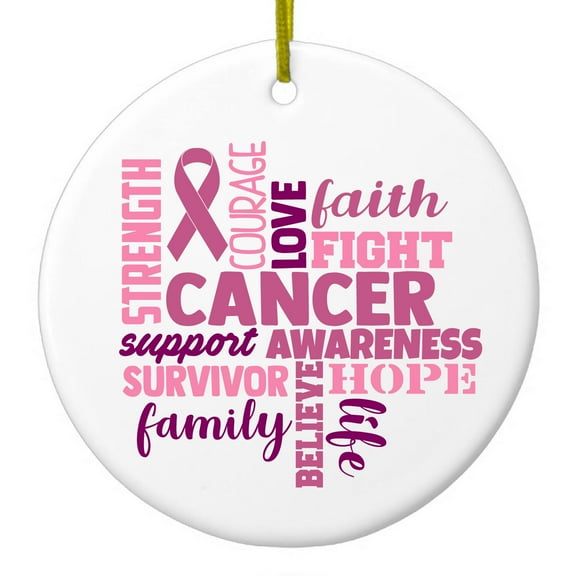 DistinctInk Hanging Ceramic Christmass Tree Ornament with Gold String - Great Gift / Present - 2 3/4 inch diameter - Pink Ribbon Cancer - Word Art