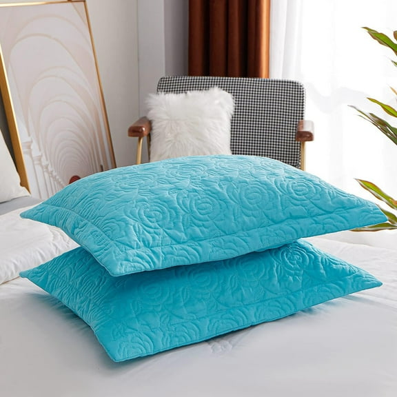 Set of 2 Pillow Shams Standard Size Floral Quilted - Perfect for Bedding Decor (Blue)