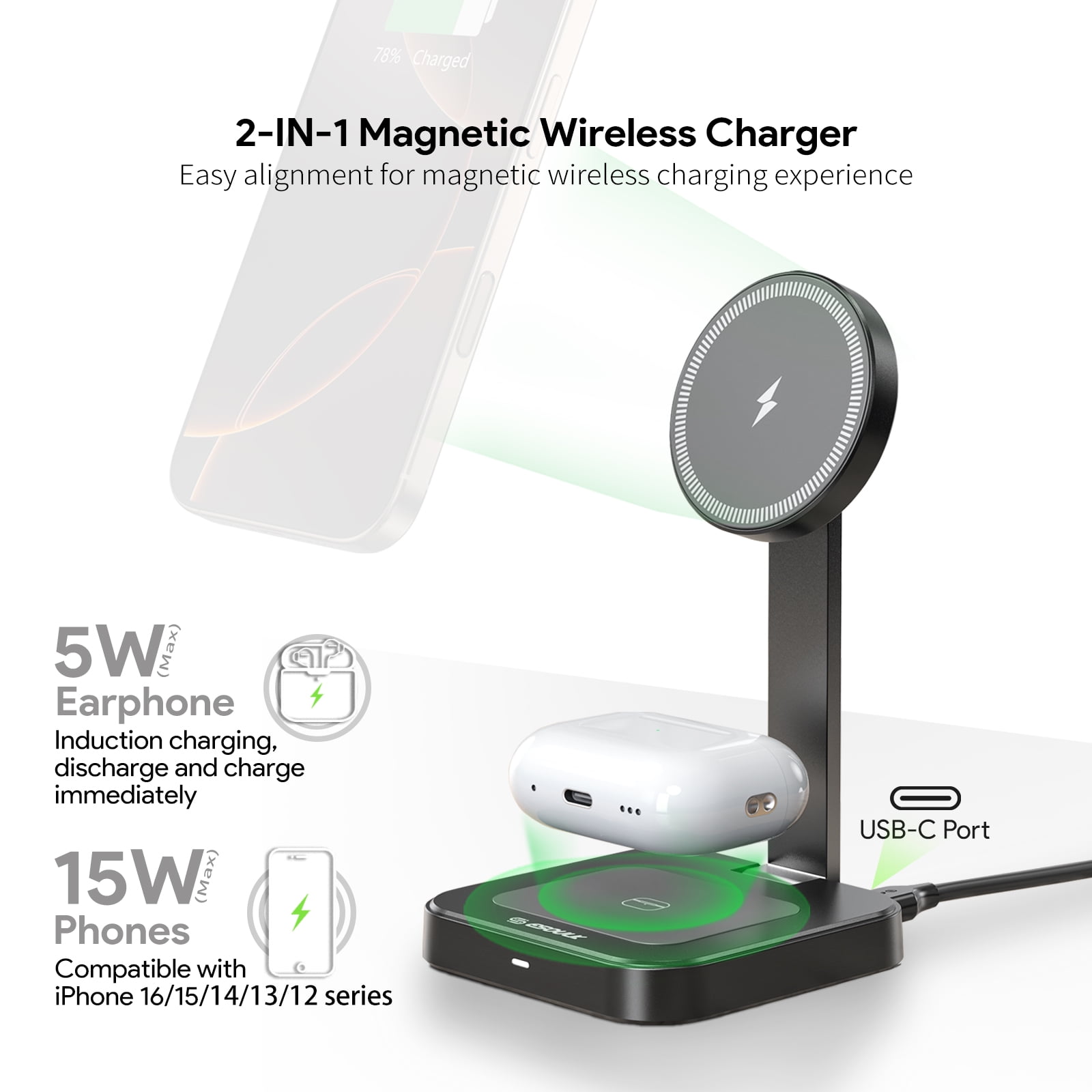 Esoulk 2-In-1  Magnetic Wireless Charger For iPhone 17 Pro Max and Airpods Pro 3