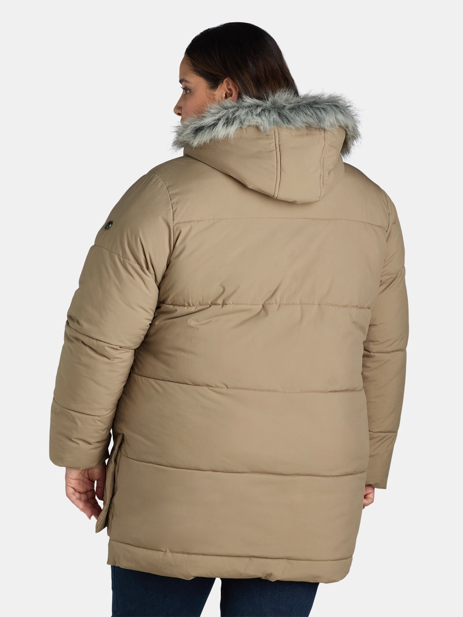 Big Chill Women's and Women's Plus Wide Quilted Puffer Coat with Faux Fur Trim Hood, Sizes S-3X
