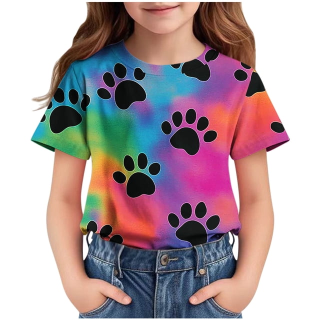 Zpanxa T-Shirts Athlétiques pour Filles Imprimé Étoile Col Rond Manches Courtes Haut Décontracté Polyester Spandex 11 Ans