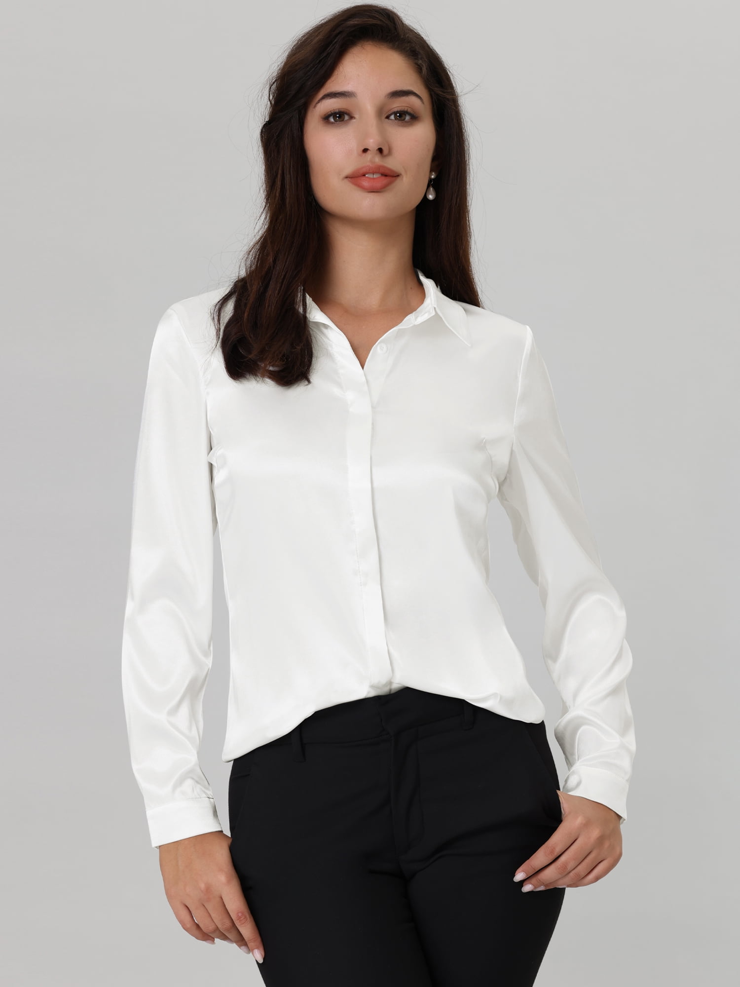 Unique Bargains Women's Lapel V Neck Long Sleeve Silk Office Work Top XL White