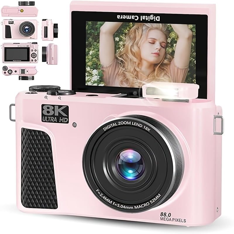 8K Digital Camera 88MP with 3" 180° Flip Screen, 18x Zoom, Autofocus, Lens Cover, Optional 32GB Card, Dark Gray