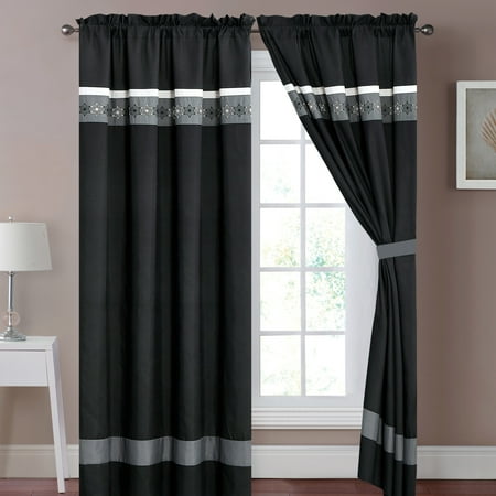 Stars Strips 4-Pc Heike Star Hexagram Snowflake Embroidery Stripe Curtain Set Black White Gray Drape Sheer Liner ()