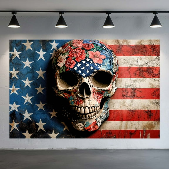 10X8ft Skeleton Wall Backdrop Retro Floral Skull Art American Flag Nature Plants Flower Skeletal Party Photography Background for Halloween Banner Photo Studio Props