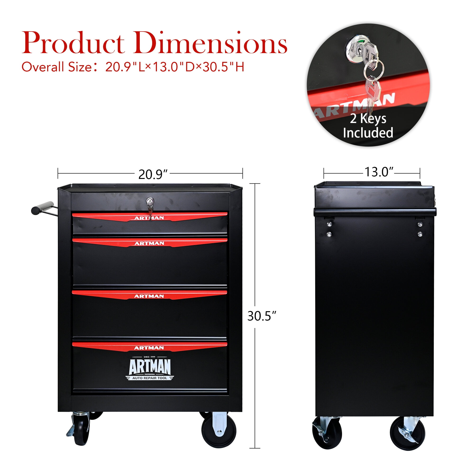 20" Rolling Tool Chest with 4 Drawers - Black & Red Steel Tool Cabinet with Ball Bearing Slides & Locking Wheels