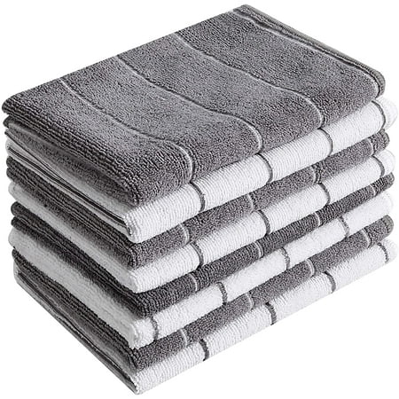 

Microfiber Kitchen Towels - Super Absorbent Soft and Solid Color Dish Towels 8 Pack Stripe Designed Grey and White Colors 26 x 18 Inch