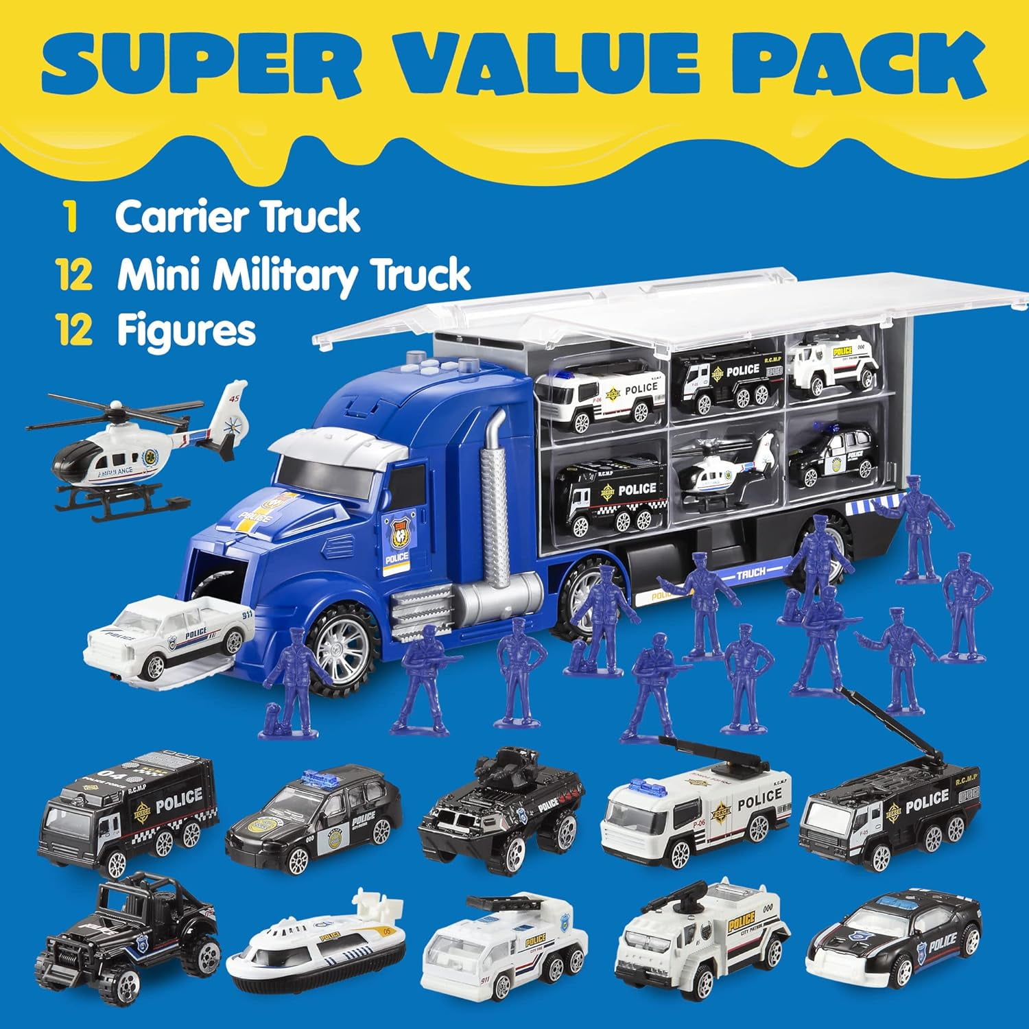 Joyfy 25 in 1 Die-cast Police Rescue Big Truck Toys, Car Transporter Storage Truck with Sounds and Lights, Christmas Birthday Gifts for Toddlers Kids Boys & Girls