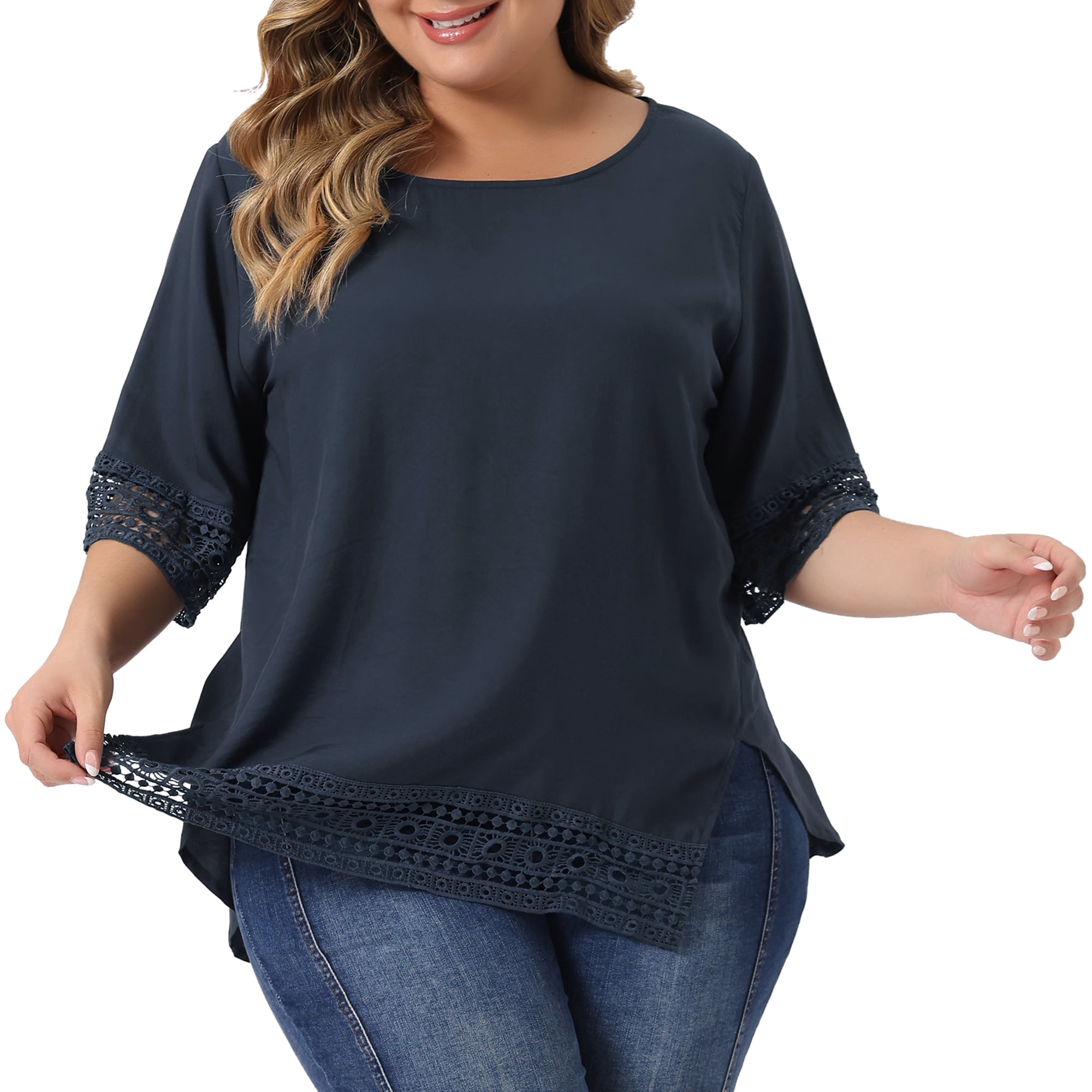 Women's Plus Summer Tops Lace Crochet Short Sleeve Casual Blouses 4X Navy Blue