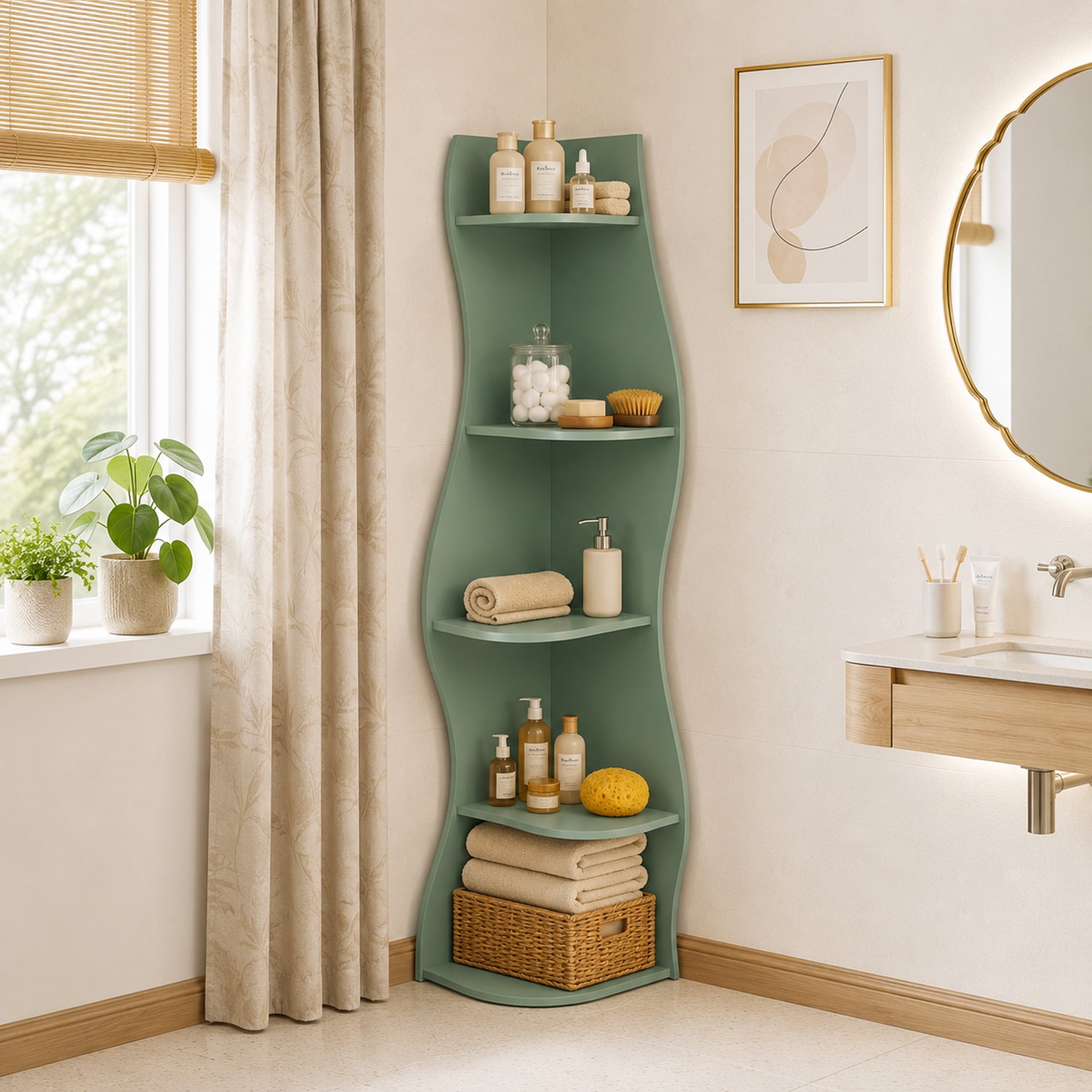 Leumius 5-Tier Bookshelf,Freestanding S-Shaped Corner Shelf Curved Display Rack,Space-Saving Corner Display Bookshelf/Plant Stand for Living Room Home Office,Sage Green