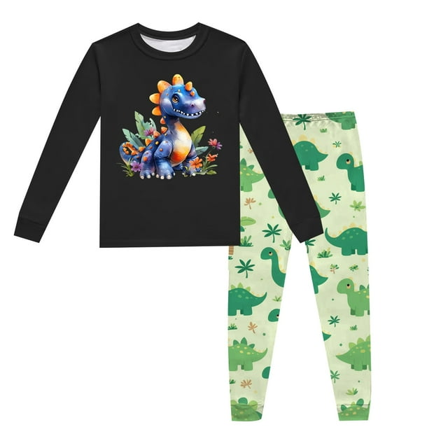 Pyjamas pour Enfants Garçons Ensemble de Pyjama Imprimé Dinosaure Col Rond Manches Longues Pantalon 2 Pcs Printemps Automne Pyjamas pour Enfants Noir 2 Ans-3 Ans
