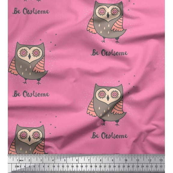 Soimoi Pink Silk Fabric Text & Owl Bird Decor Fabric Printed Yard 42 Inch Wide