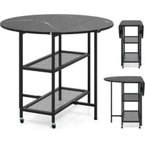 GOFLAME Folding Dining Table, Mobile Round Extendable Kitchen Table with 2-Tier Storage Shelves, 2 Lockable Wheels, Space Saving Collapsible Drop Leaf Dinner Table for Dining Room, Small Space, Black