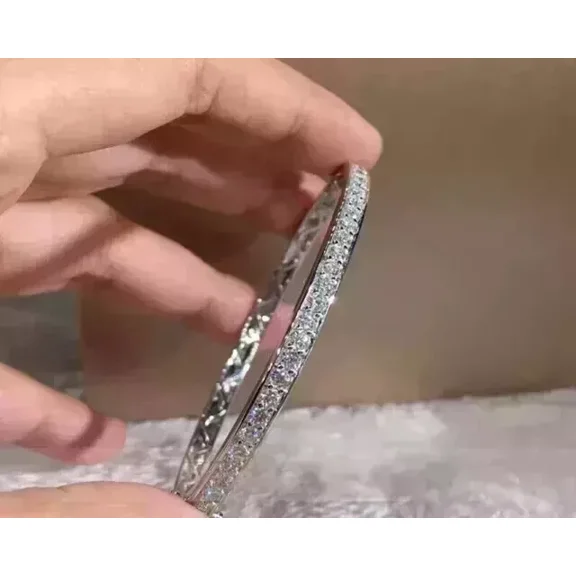 Women's Wedding Bangle Bracelet 5Ct Round Cut Lab Created Diamond 7"" Size 14K White Gold Plated 925 Silver