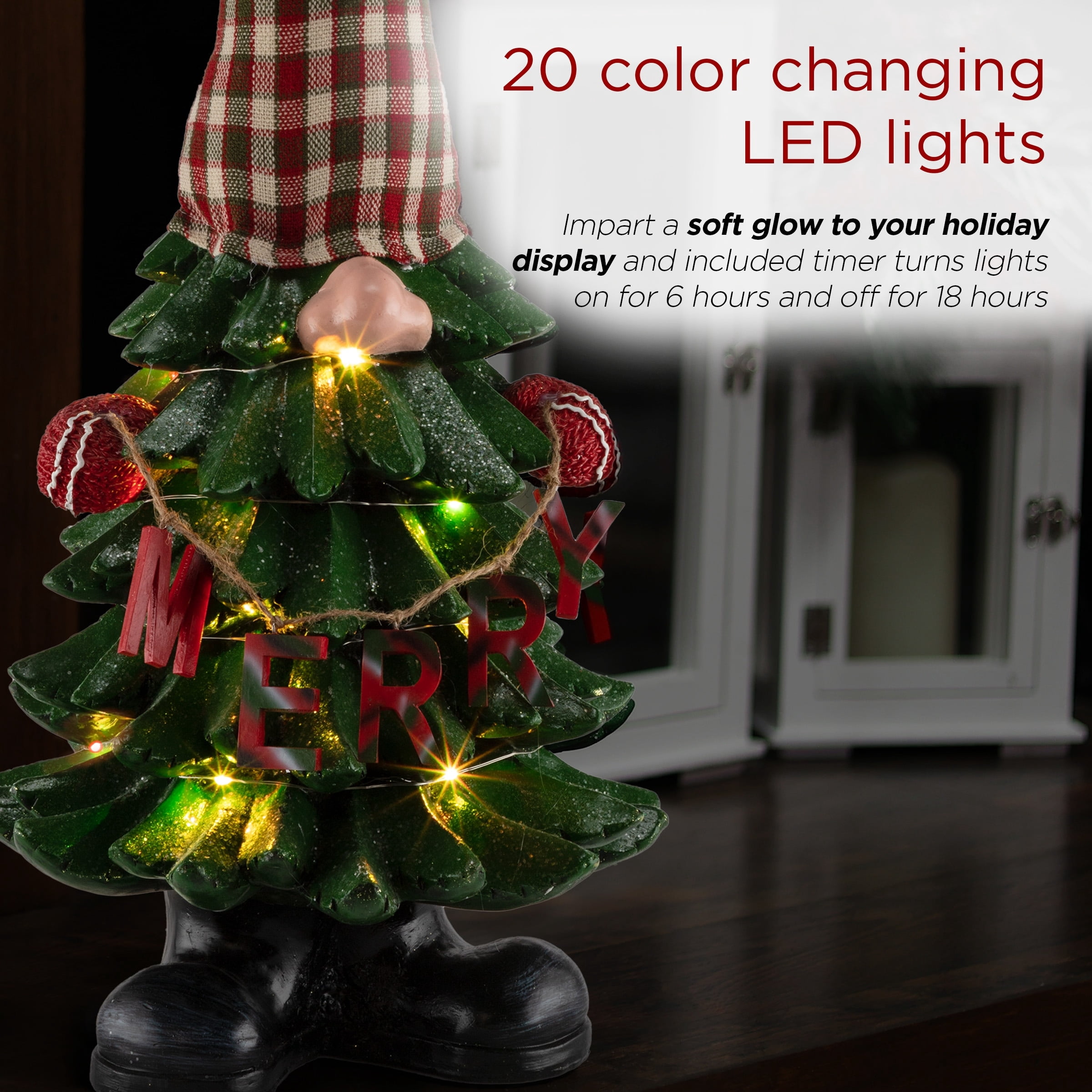 Alpine LED Multicolored Gnome Christmas Merry Tree Figurine 28 in.