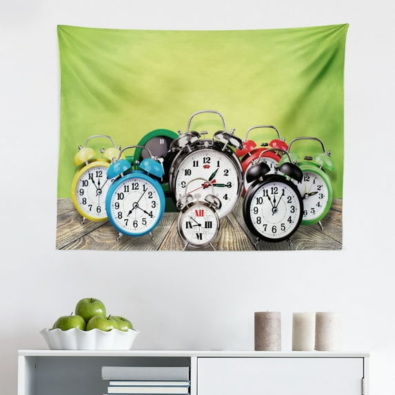 Clock Tapestry, Autumnal Leaves and an Alarm Clock Fall Season Theme Romantic Digital Print, Fabric Wall Hanging Decor for Bedroom Living Room Dorm, 2 Sizes, White and Orange, by Ambesonne