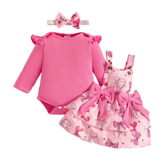 Tisuna Kids Fall Outfit Set For Girls Relaxed Fit Long Sleeve Crew Neck Bowknot Print Romper And Suspender Dress Headband Outfits Children'S 3 Pieces Casual Wear Clothes Set Size 9-12 Months