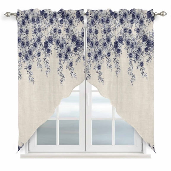Vintage Navy Blue Roses Swag Curtains for Kitchen/Bedroom/Living Room, Spring Floral Elegant Pastoral Retro Art Scalloped Curtains 63 Inch Long, Window Swag Topper Curtains Valances 2 Panels 36"x63"