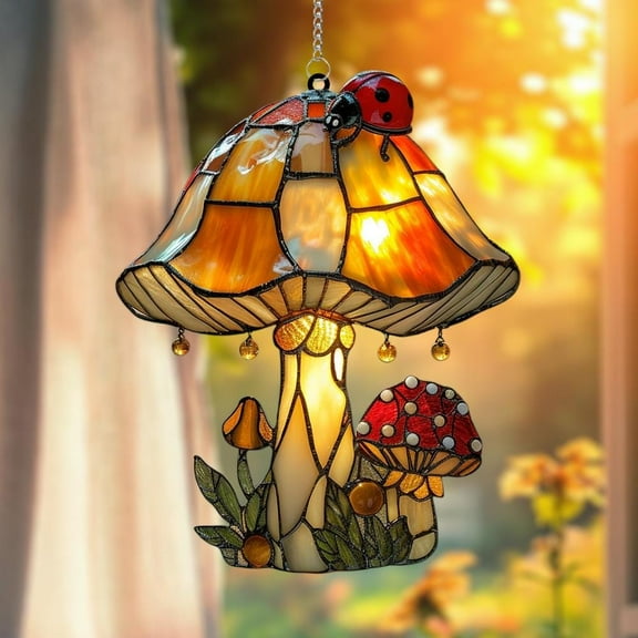 Ladybug Mushroom Acrylic Faux Stained Glass Suncatcher, Whimsical Woodland Mushroom Window Hanging, Autumn Garden Decor Gift