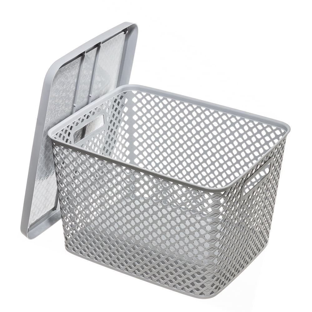 Mainstays Extra Large Decorative Plastic Storage Basket with Lid, Gray