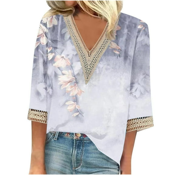 JINMGG Womens Tops,Fashion Women's Summer V-Neck 3/4 Sleeve Lace Print Casual T-Shirt Blouse,Navy S