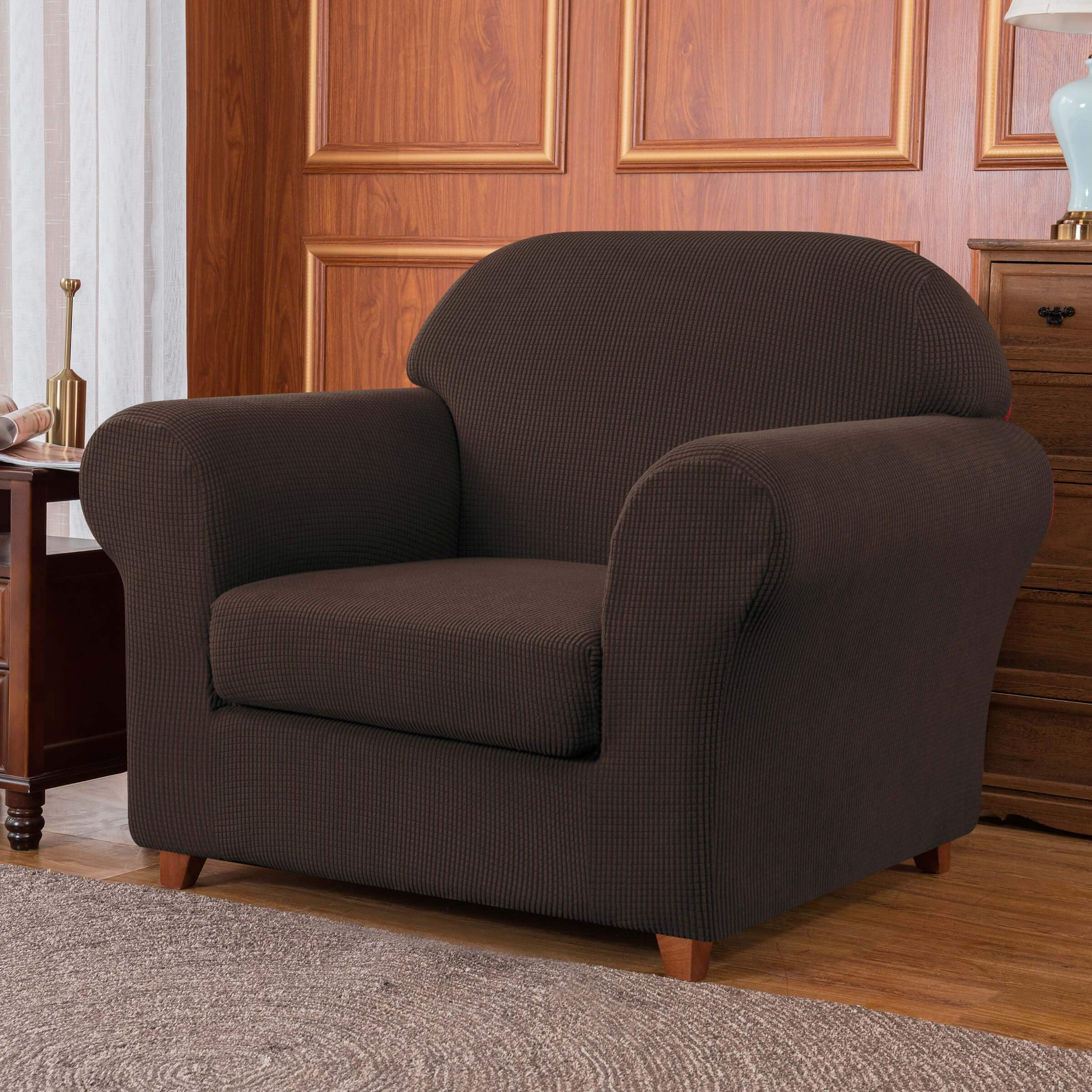 Subrtex Textured Grid Stretch Sofa Cover Couch Slipcover with Separate Cushion Cover (Chocolate, Armchair)