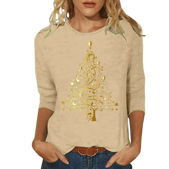 Womens Christmas Shirts Tops 3/4 Sleeve Christmas Tree Crewneck Santa Xmas Tees Blouses