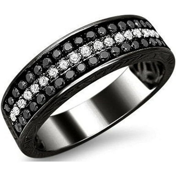 Black & White Round Cut Diamond Engagement Wedding Ring For Men's 14K Black Gold Plated 925 Sterling Silver