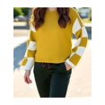 thumbnail image 2 of Womens Casual Checkered Color Block Sweaters Crew Neck Long Sleeve Cropped Knit Pullover Yellow XL, 2 of 8