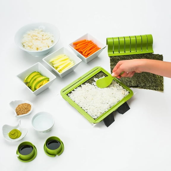 Sushi Making Kit with Rice Spreading Training Frame, Rice Paddle, Rolling Mat, Roll Cutter, Base, and Soy Sauce Caps - Sushi Kit for Beginners and Kids