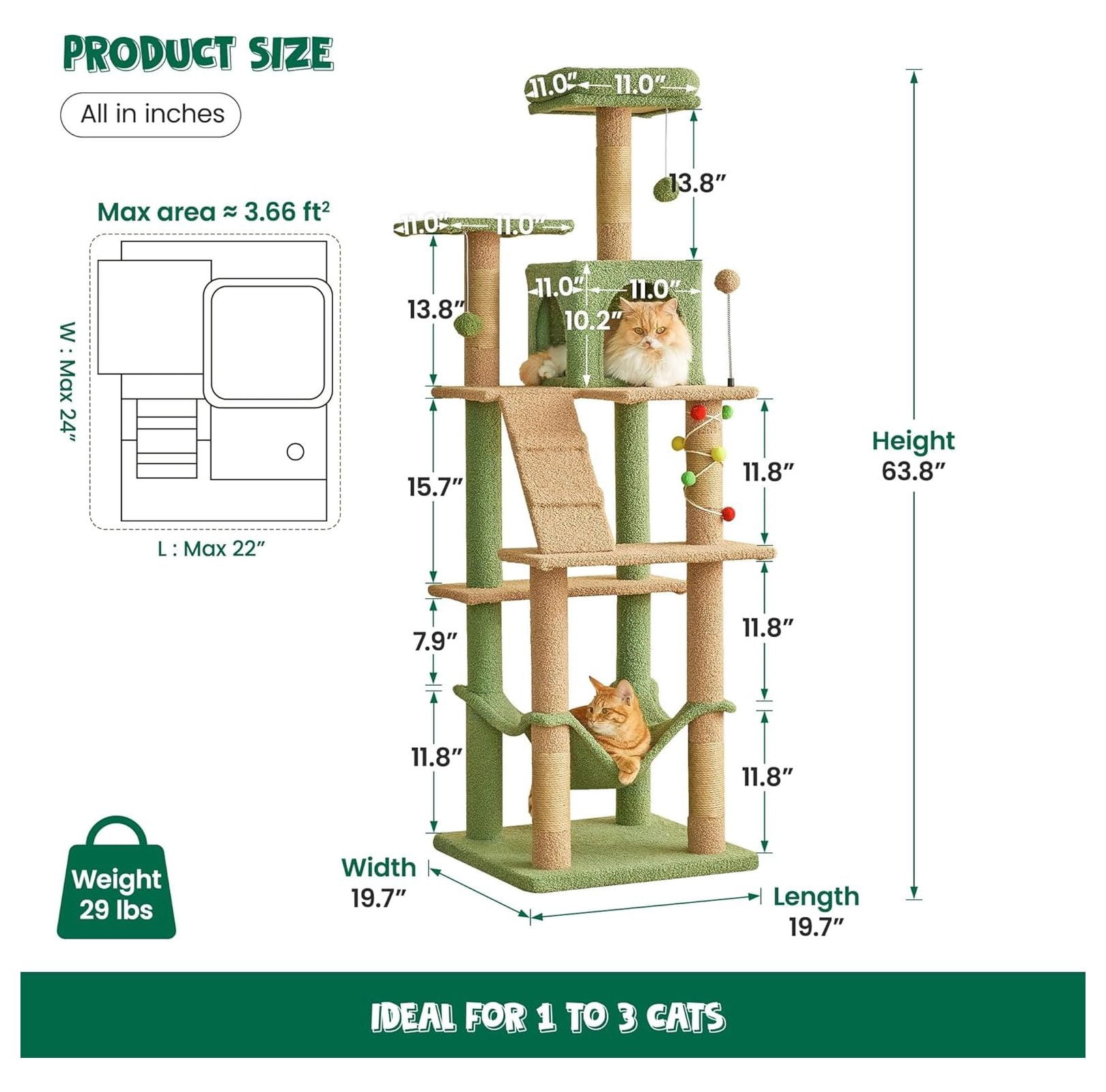 Cat Tree 63.8 Inches Green, Multi-Level Cat Tower with Scratching Posts, Hammock & Toys