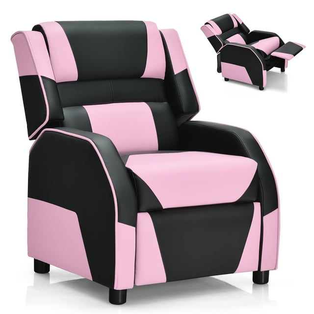 Gymax Fauteuil Inclinable de Jeu en Cuir PU pour Enfants et Ados avec Repose-Pieds Rose