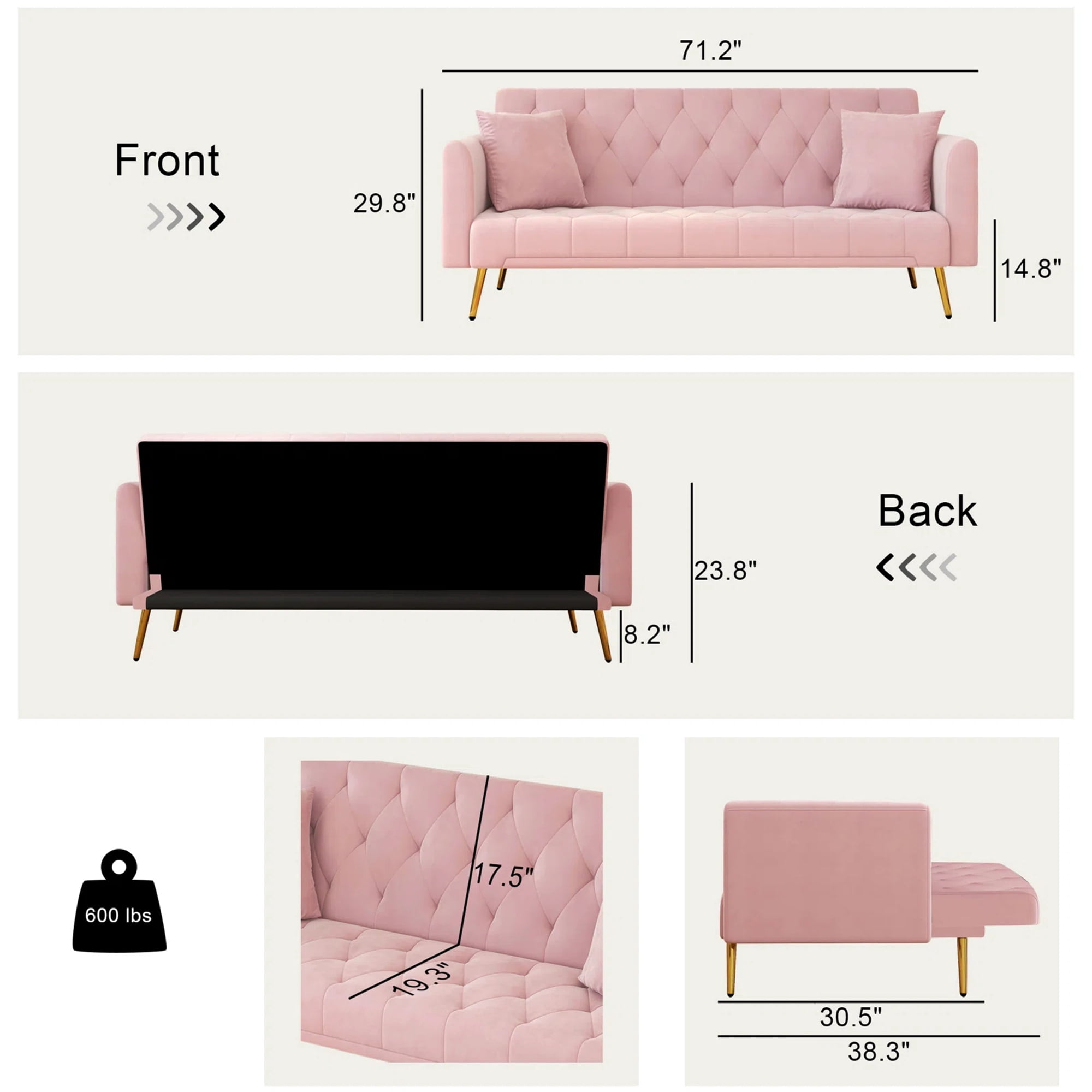 Aukfa Curved Arm Futon Convertible Sofa Bed for Home Office, 2 Pillows, Tufted Back, Velvet, Pink