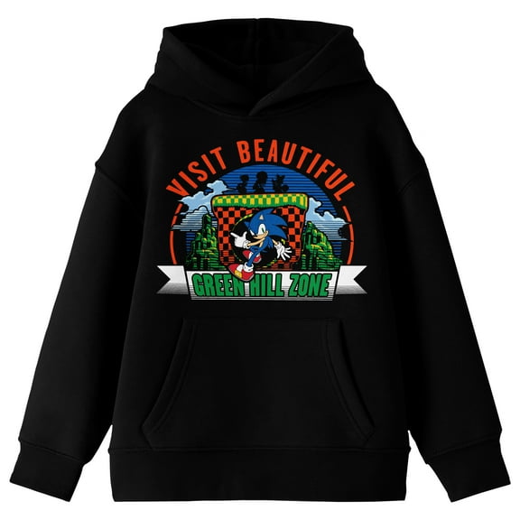 Sonic The Hedgehog Visit Beautiful Green Hill Zone Youth Black Long Sleeve Hooded Sweatshirt-Medium