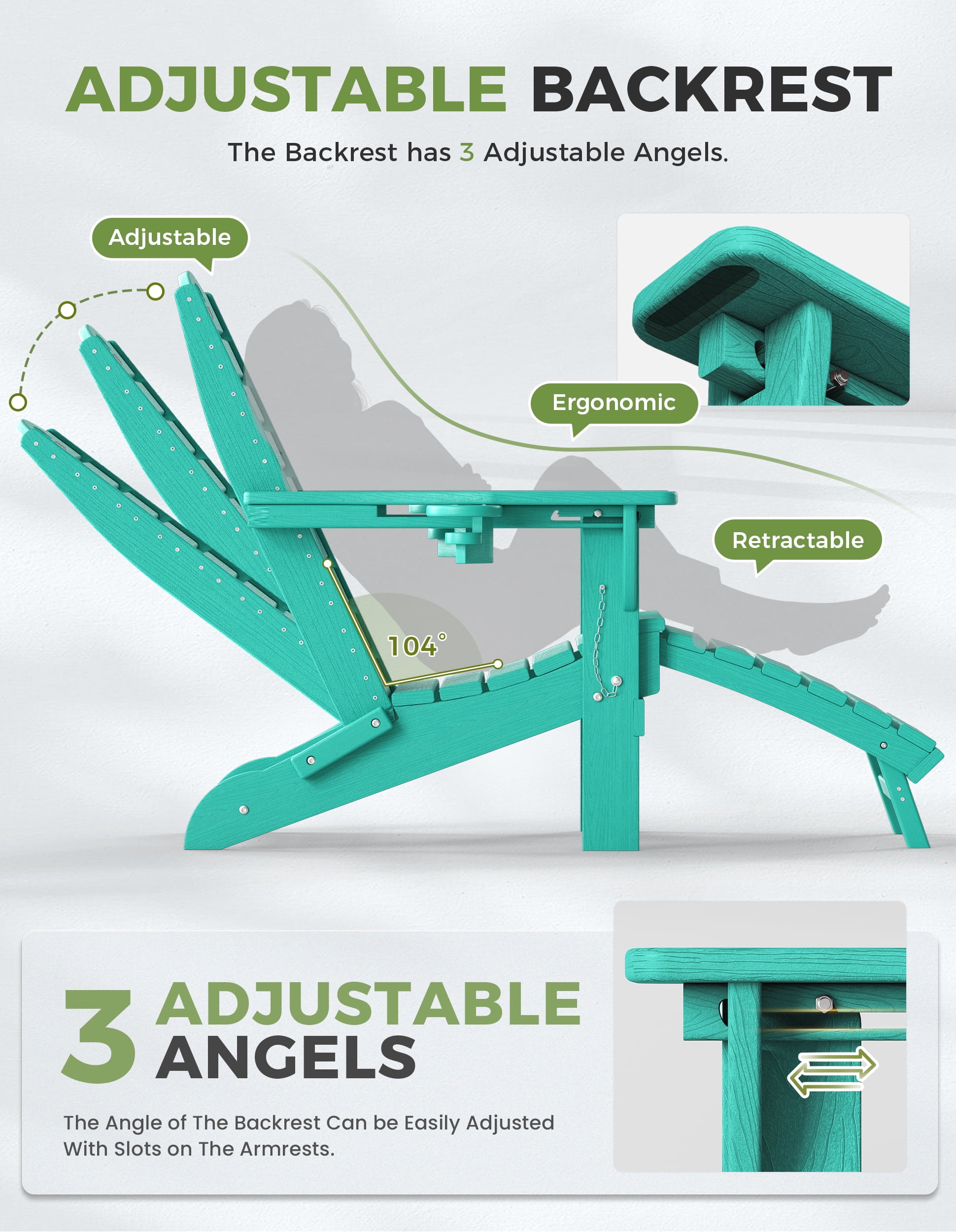 Folding Adirondack Chair Set of 2 with Retractable Ottoman Footrest, Wood Grain HDEP All Weather Fire Pit Chair with 2 Cup Holders for Outdoor, Aqua