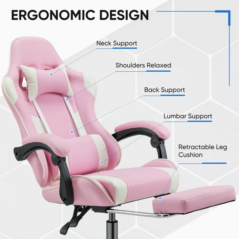 Kelno Ergonomic Gaming Chair with Headrest Pillow Lumbar Support Cushion PU Leather Swivel Recliner, Pink White