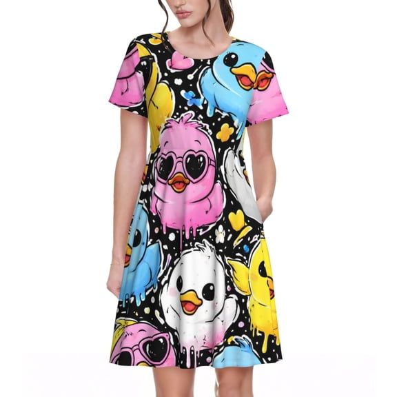 Colorful Cute Ducks Dresses Short Sleeve Nightdresses for Women
