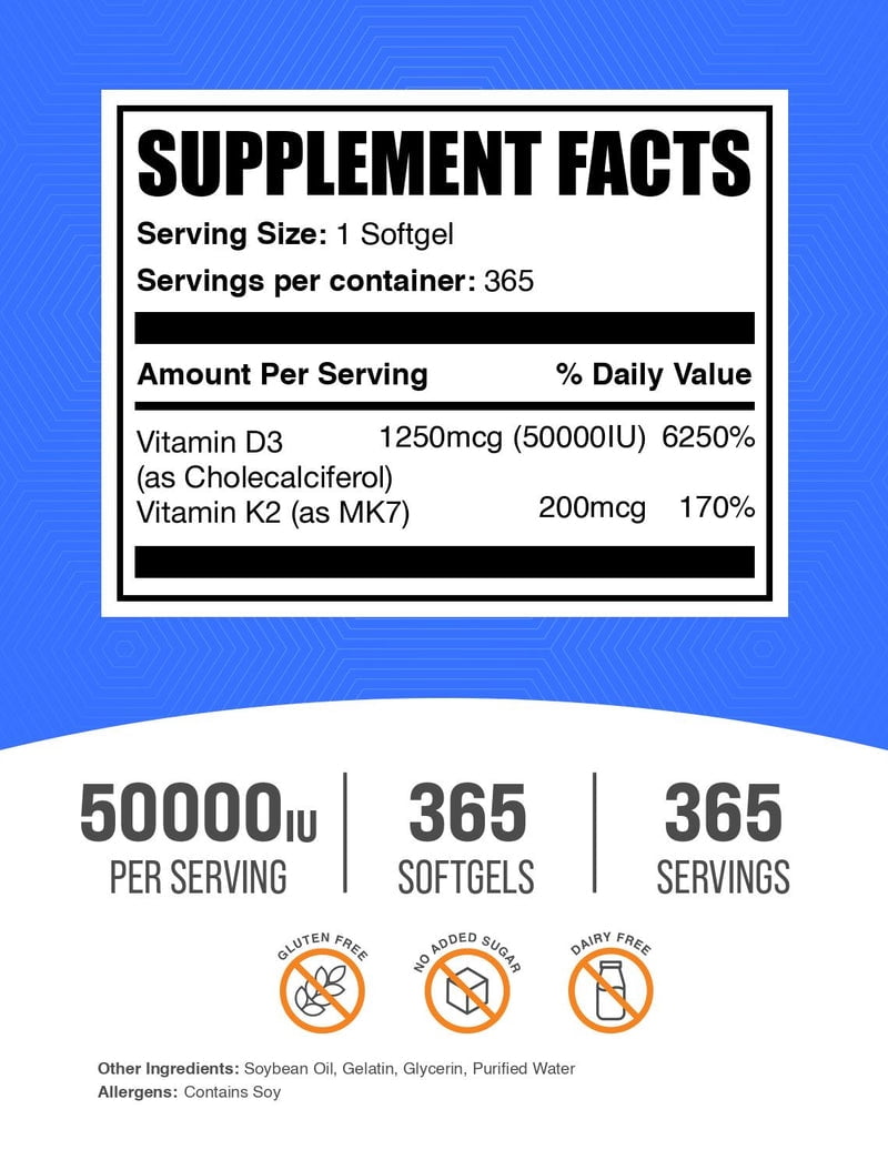 BulkSupplements Vitamin D3 50000IU + K2 Softgels - Vitamin Supplement, Immune Support - 1 Softgel per Serving, 365 Count