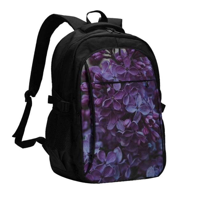 Disketp Lilac Print Travel Laptop Backpack, Laptops Backpack with USB Charging Port, Water Resistant Computer Bag Gift for Men & Women