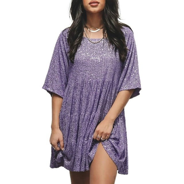 ALSLIAO Vestido de lentejuelas para mujer, manga corta, brillante, túnica, vestido de fiesta, ropa de club, morado, M
