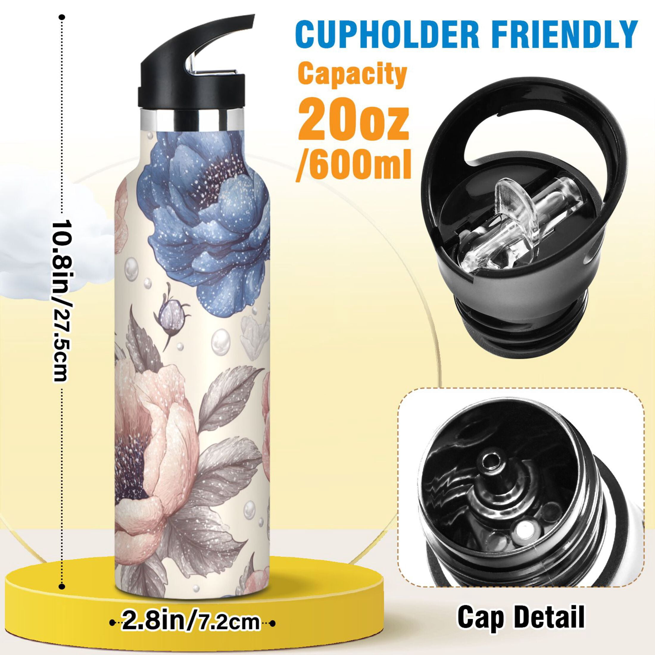 Kids Insulated Stainless Steel Sports Water Bottle 600ml (20oz) Dusty Pink Peonies