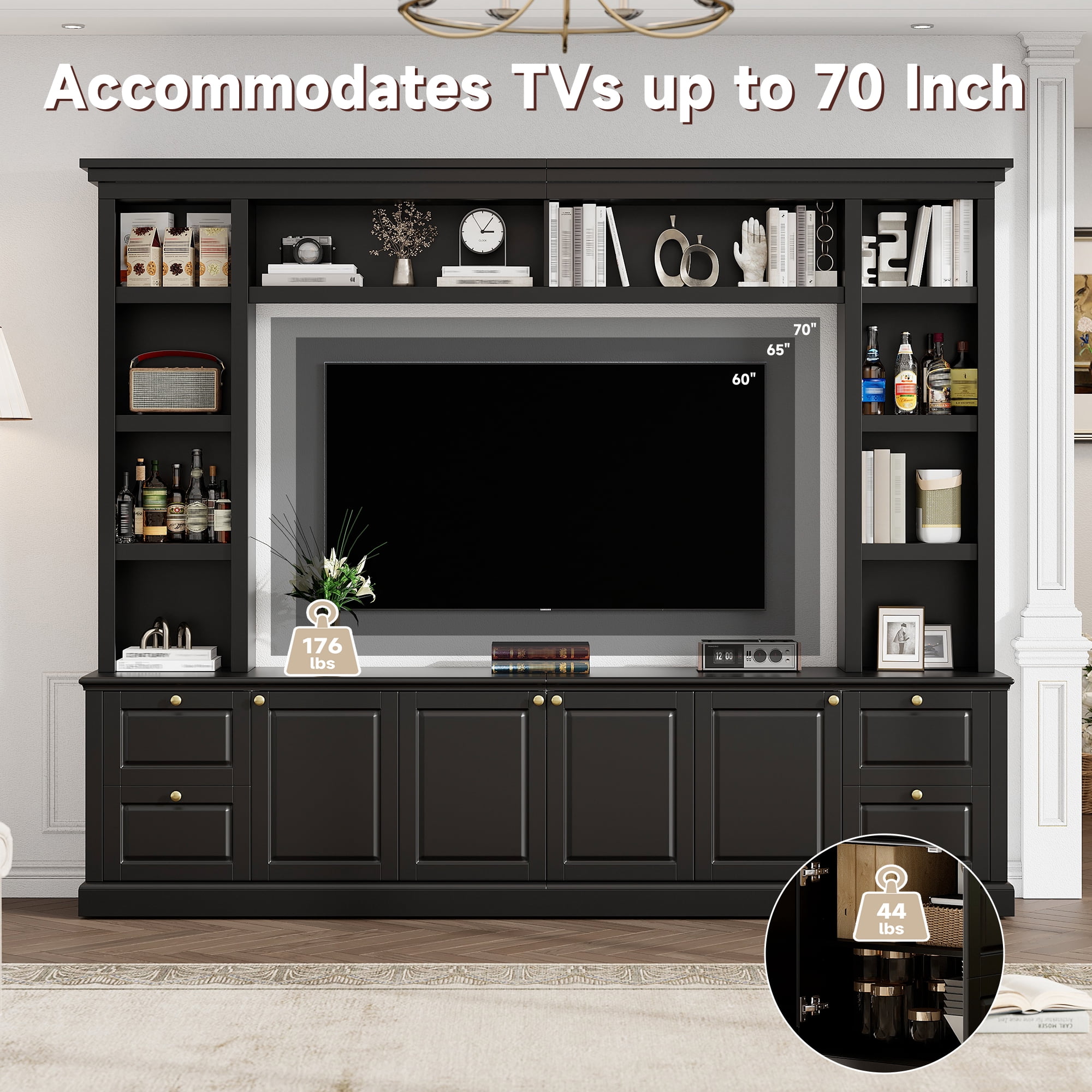 Euroco Modern TV Stand with Bookcase for TVs up to 70 inch, Entertainment Center with 3 Adjustable Shelves, for Living Room, Display Storage Cabinet, Ample Storage Space TV Stand